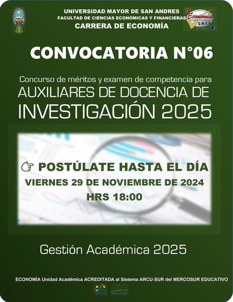 CONVOCATORIA N.º 06/2024 – Concurso de Méritos y Examen de Competencia para Auxiliares de Investigación, Gestión Académica 2025